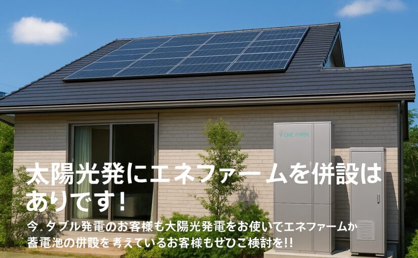 太陽光発電にエネファームを併設はありです！　今、ダブル発電のお客様も太陽光発電をお使いでエネファームか蓄電池を併設をかんがえいてるお客様もぜひご検討を！！