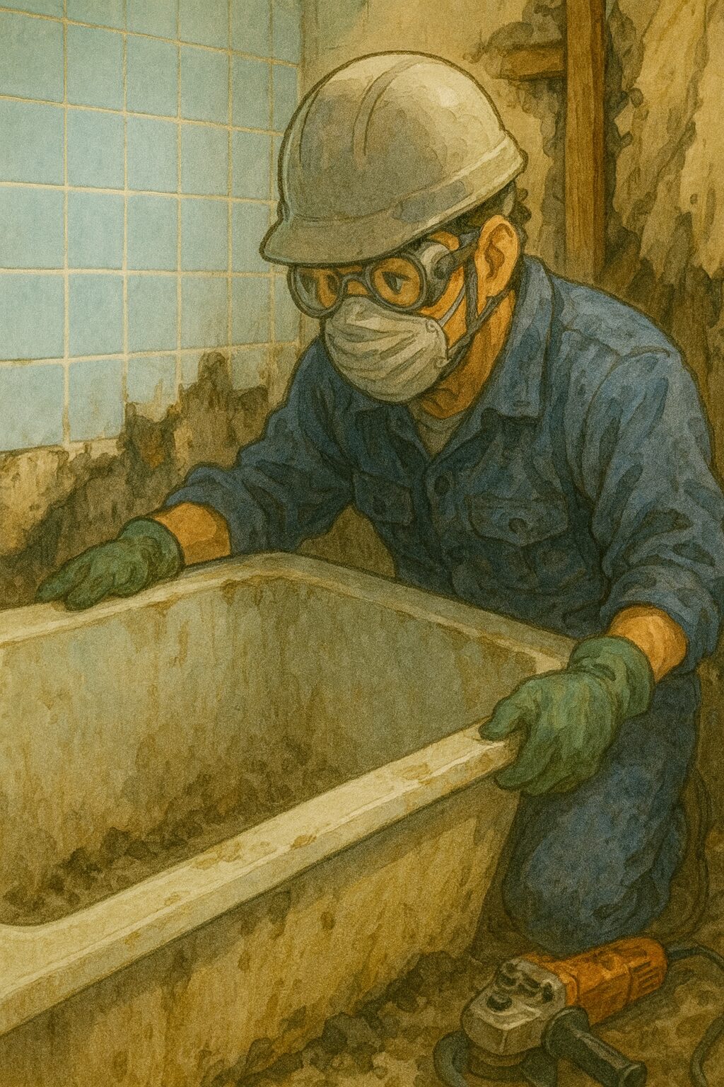 解体中の浴室で古い浴槽を撤去する職人 ジブリ風