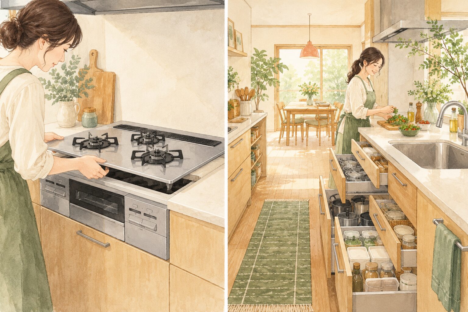 既存キッチンのコンロ交換と収納・作業場所を見直すキッチンリフォームの比較イメージ