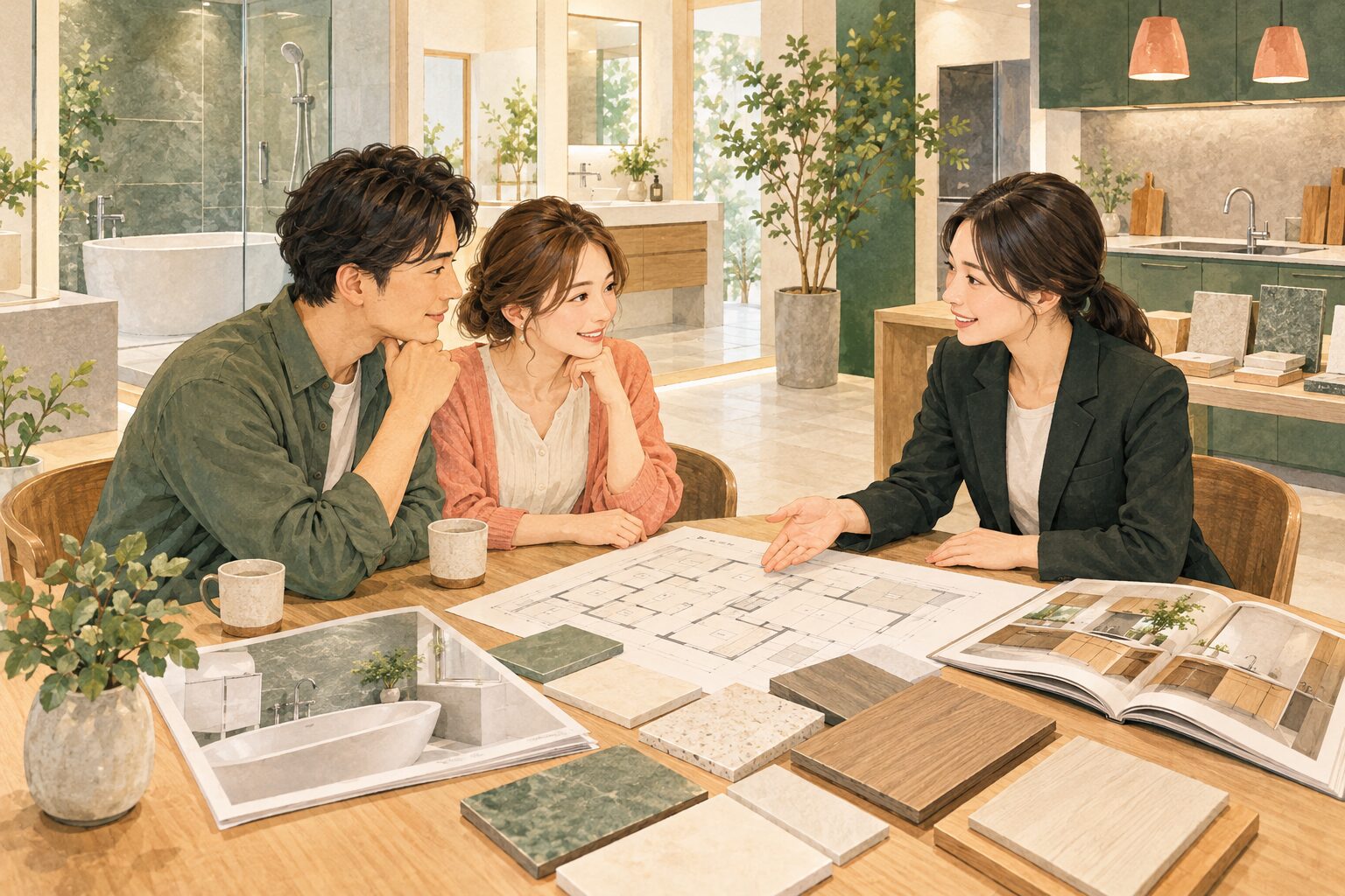 家族がショールームのスタッフと図面を見ながらリフォームを相談するイメージ