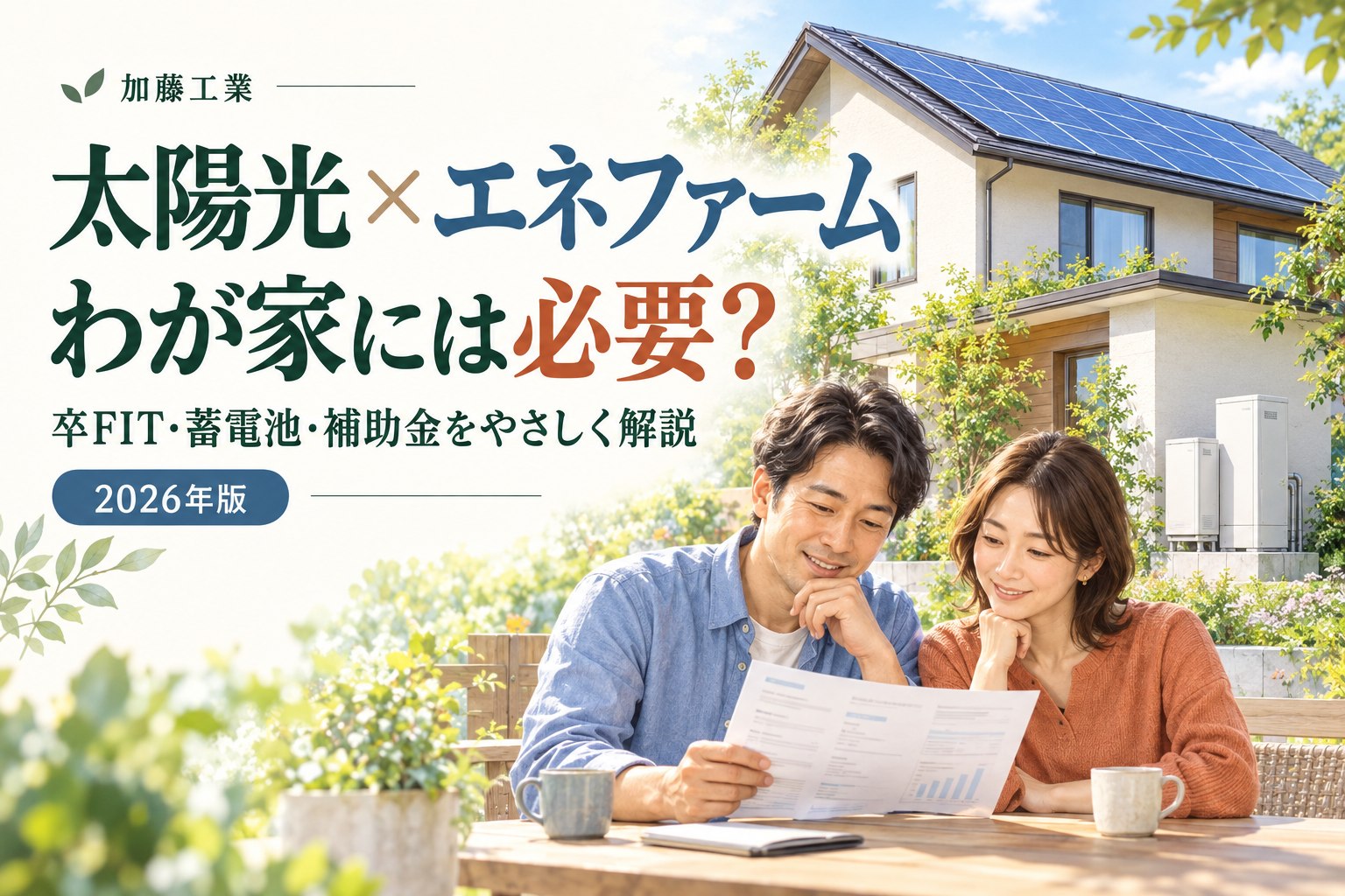 太陽光とエネファームのある住宅と、家庭のエネルギーを相談する夫婦のイメージ