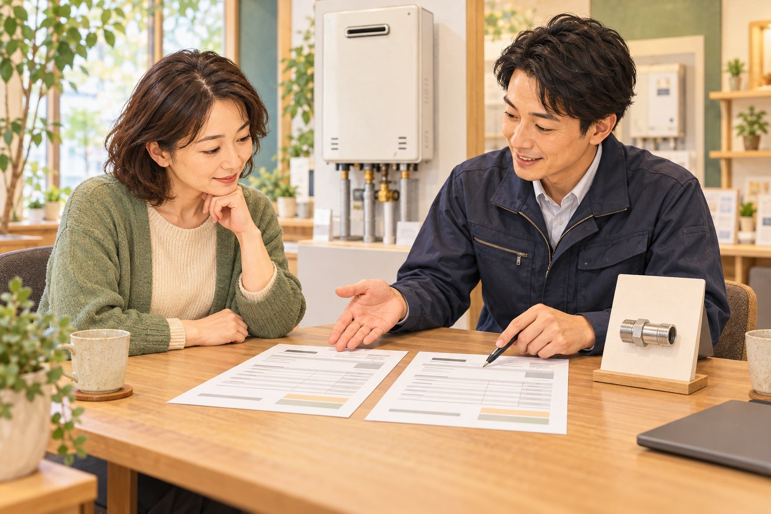 給湯器の交換見積りを二つ並べ、追加する部材と工事内容をスタッフに相談する女性のイラスト