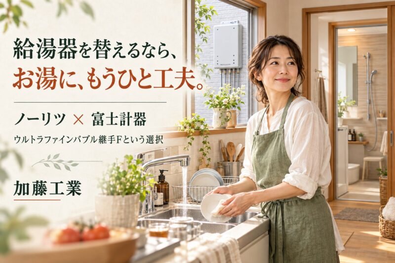 ノーリツ給湯器の交換時に検討するウルトラファインバブル継手F。キッチンと浴室の暮らしを描いたイメージイラスト